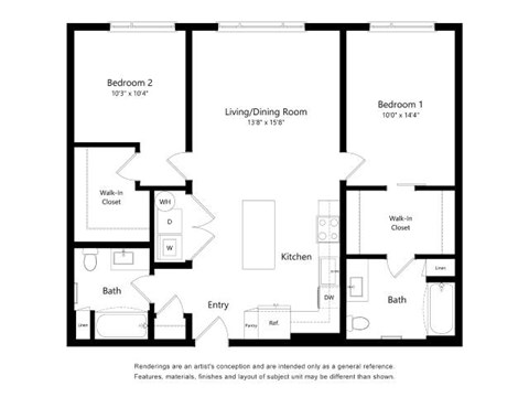 Floor plan for 2 beds, 2 baths, 1071 sqft